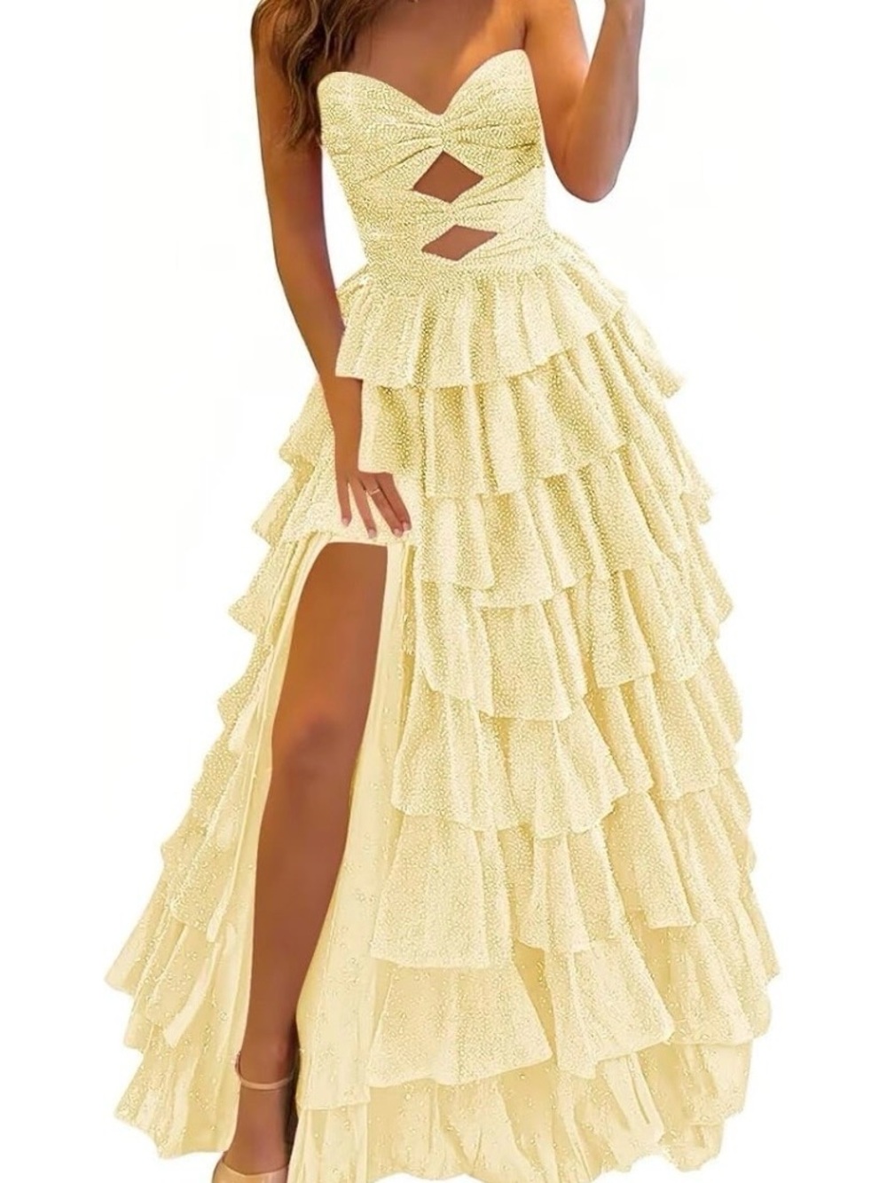 Strapless Ruffle Tiered Prom Gown in Pale Yellow